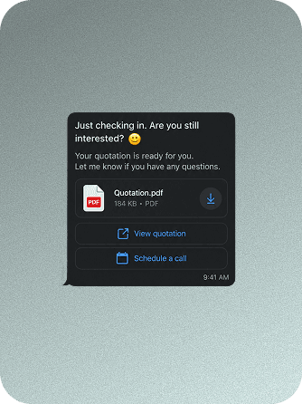 An automated WhatsApp follow-up with quotation and call actions